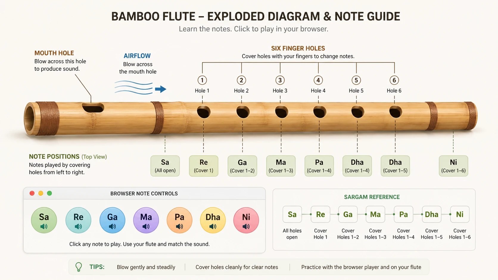 Bamboo flute note guide showing the mouth hole, airflow, six finger holes, browser note buttons, and Sargam labels Sa Re Ga Ma Pa Dha Ni.