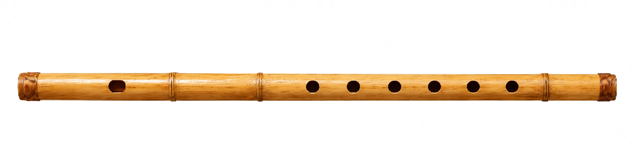 Horizontal bamboo bansuri flute with one mouth hole and six finger holes used as the playable online flute visual.